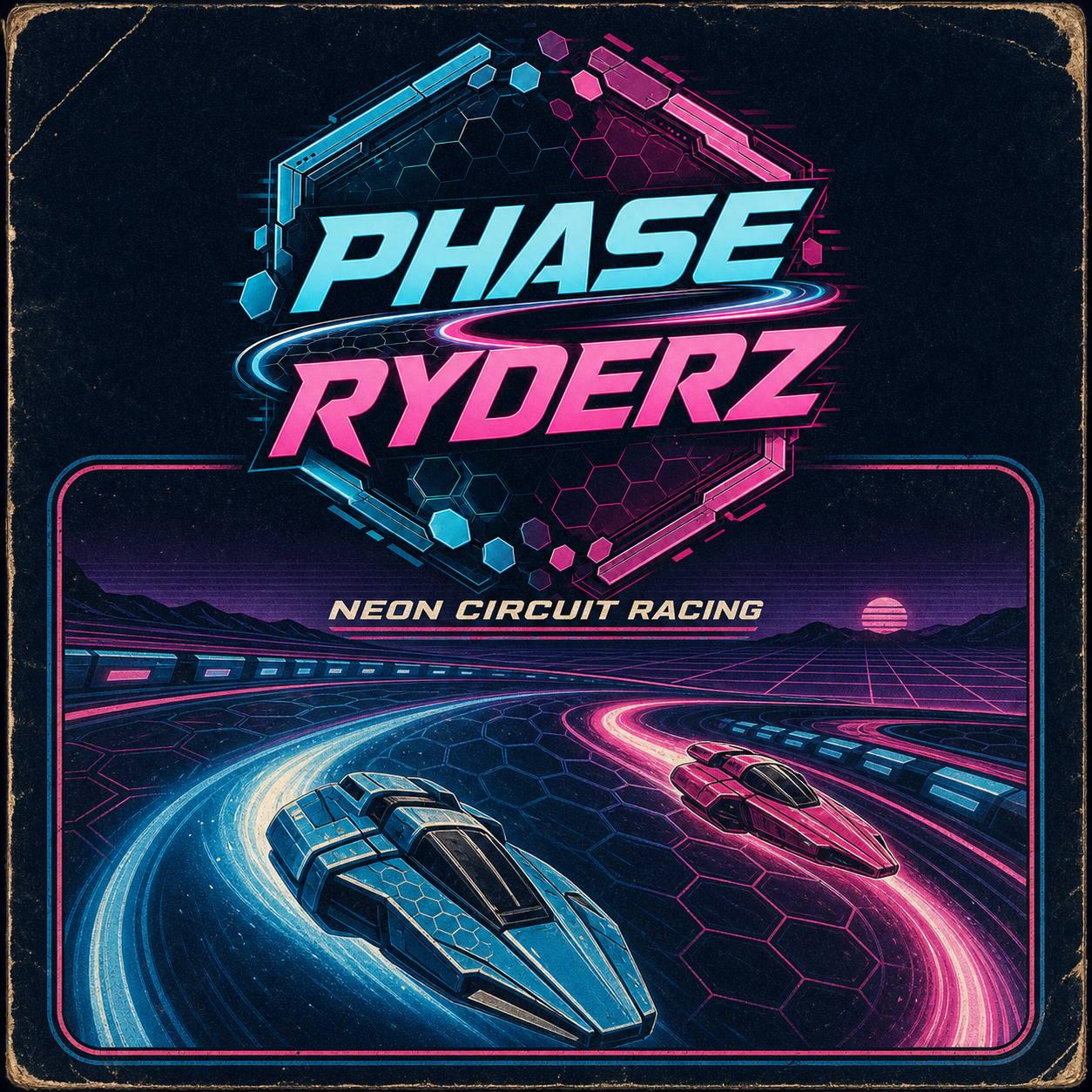 Phase Ryderz retro box art: two neon anti-gravity racers carving through a futuristic circuit