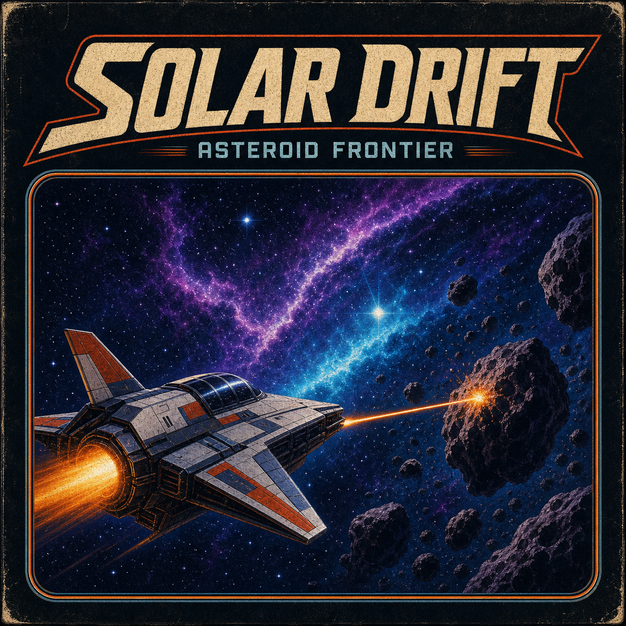 Solar Drift box art: a spacecraft battling through an asteroid field